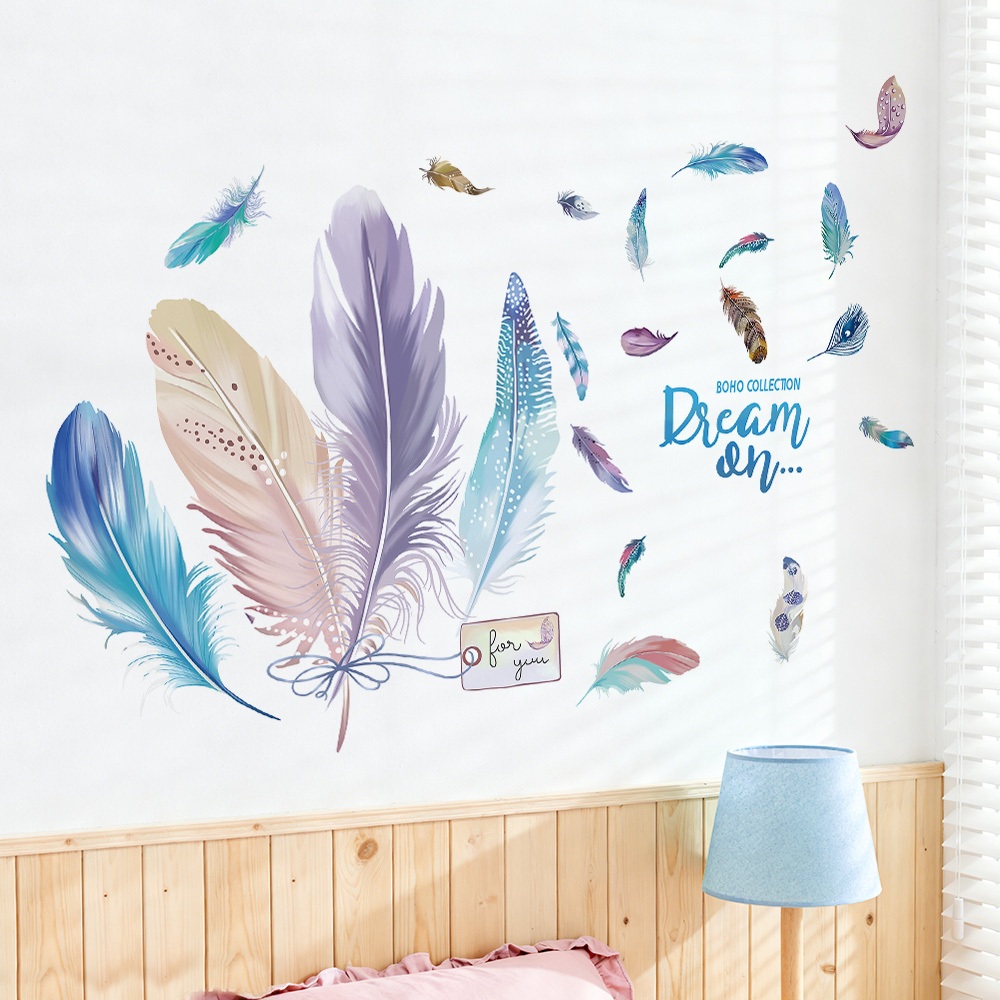 Decal Dán Tường Lông Vũ Dream On Có Keo Sẵn 111x80cm - Trang Trí Phòng Theo Phong Cách Bắc Âu