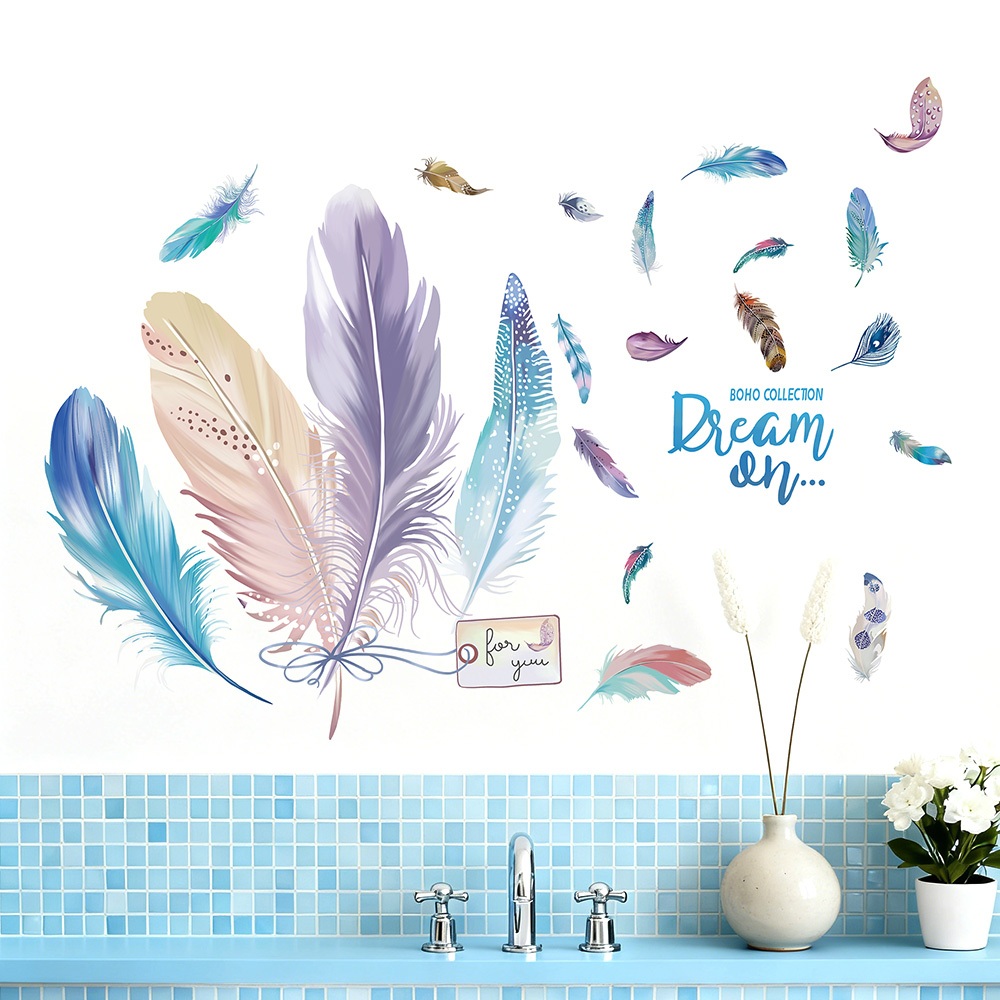 Decal Dán Tường Lông Vũ Dream On Có Keo Sẵn 111x80cm - Trang Trí Phòng Theo Phong Cách Bắc Âu