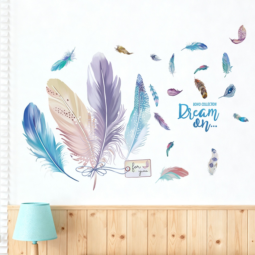 Decal Dán Tường Lông Vũ Dream On Có Keo Sẵn 111x80cm - Trang Trí Phòng Theo Phong Cách Bắc Âu