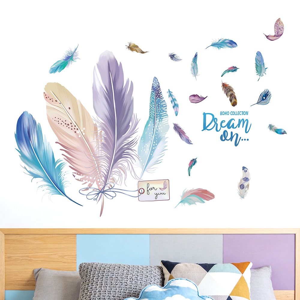 Decal Dán Tường Lông Vũ Dream On Có Keo Sẵn 111x80cm - Trang Trí Phòng Theo Phong Cách Bắc Âu