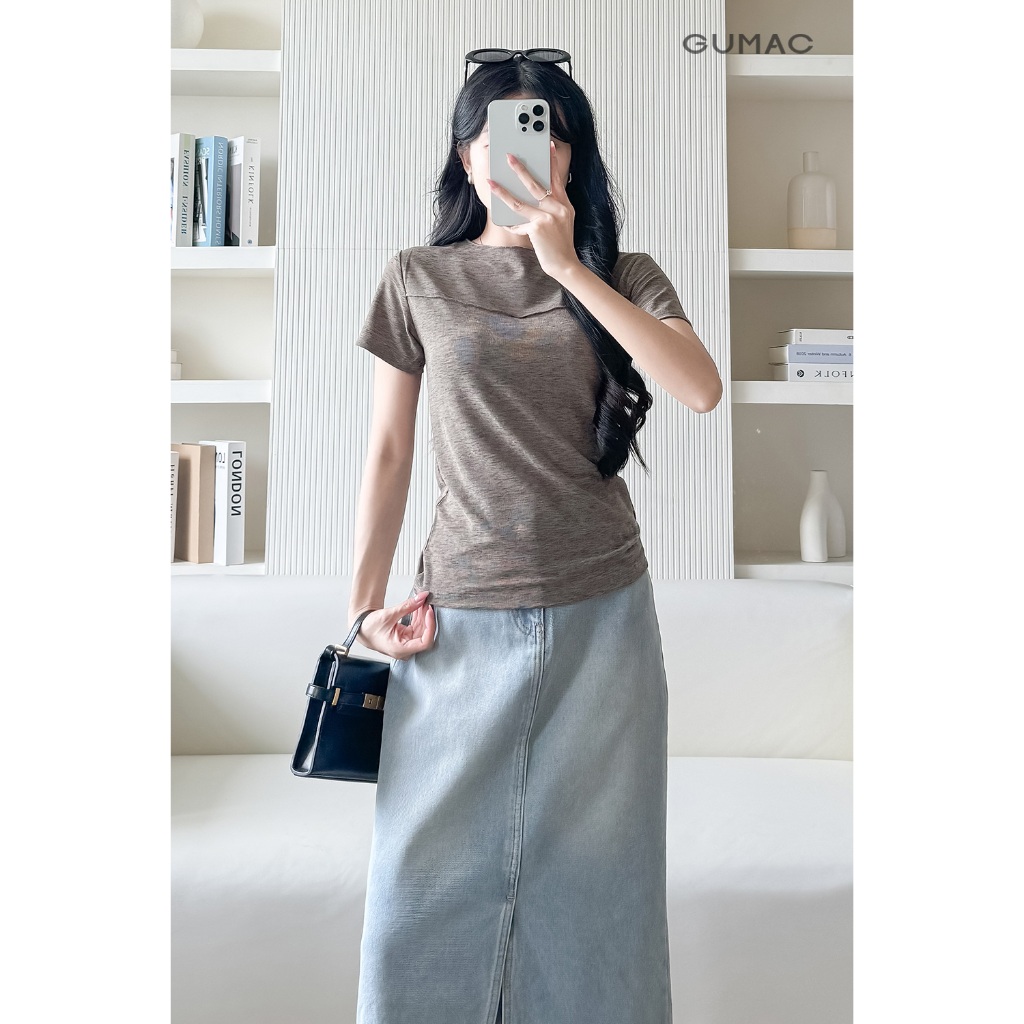 Áo Thun Nữ GUMAC Form Ôm Cổ Tròn Cuốn Biên Chất Thun Gân Co Giãn Thời Trang LATF0911
