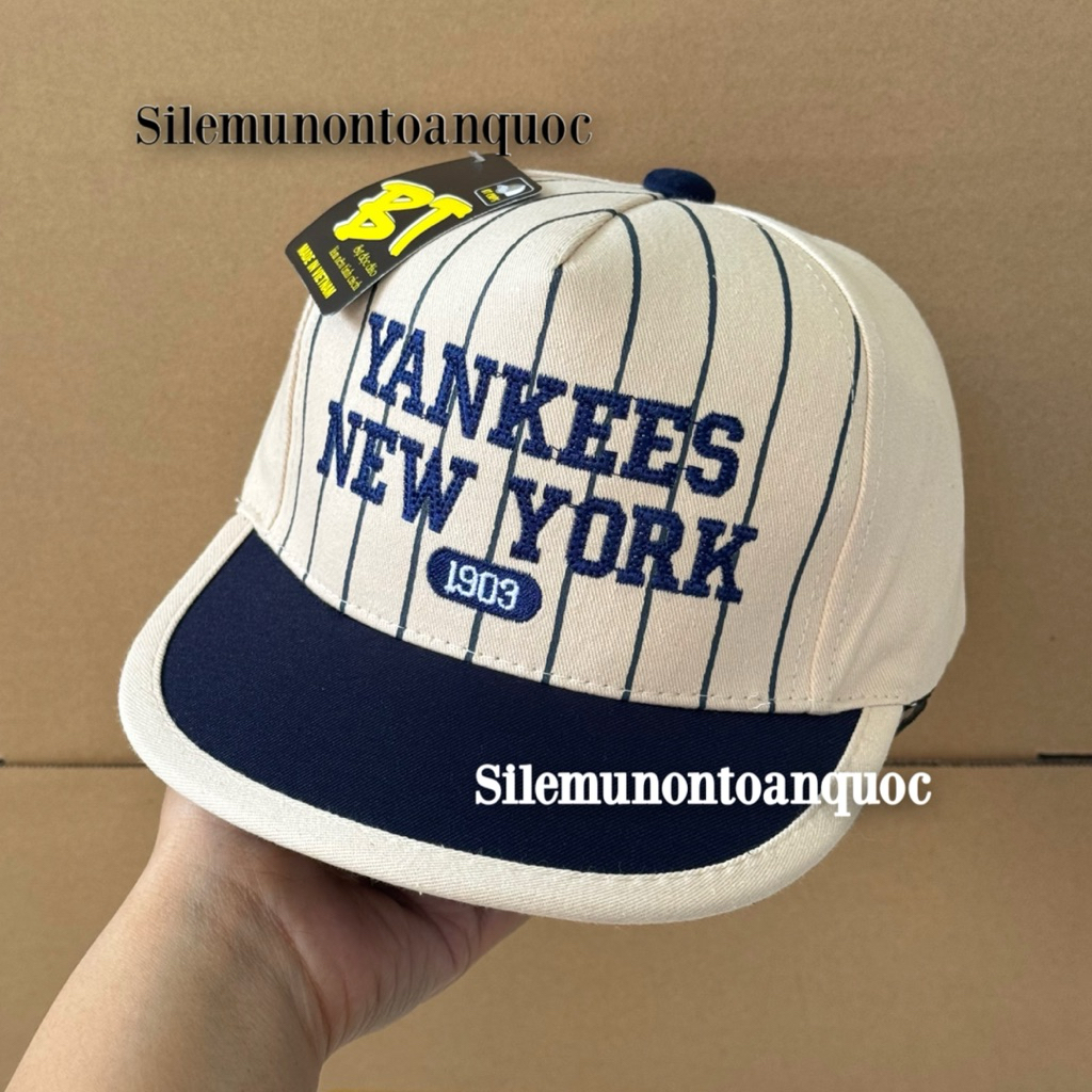 Mũ hiphop NEW-YORK bé trai 3-8 tuổi - Nón snapback kaki sọc thêu yan-ke phối màu thời trang cho bé siêu ngầu