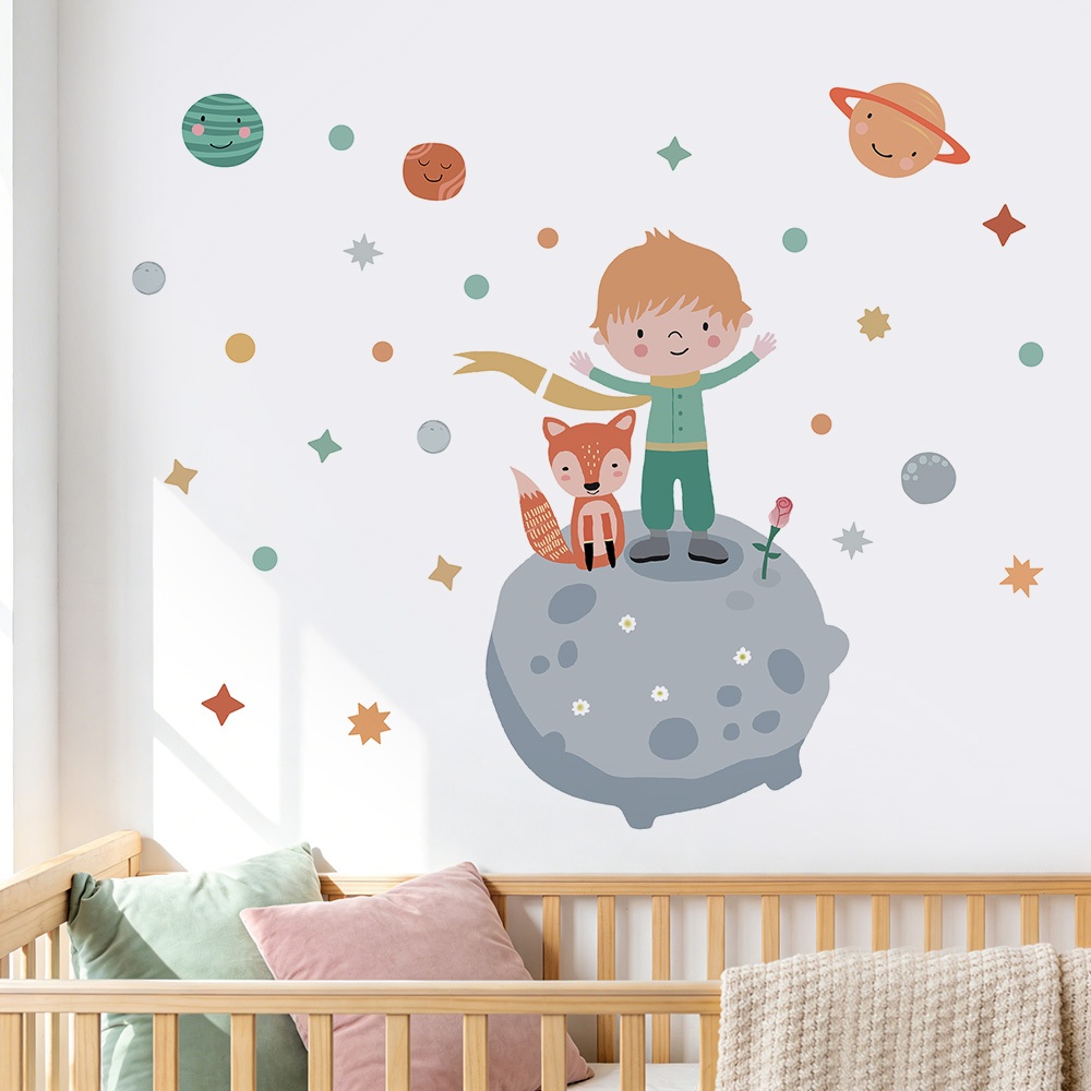 Decal Dán Tường Hoàng Tử Bé Và Con Cáo Ngoài Vũ Trụ Có Keo Sẵn 110x92cm - Trang Trí Phòng Cho Bé