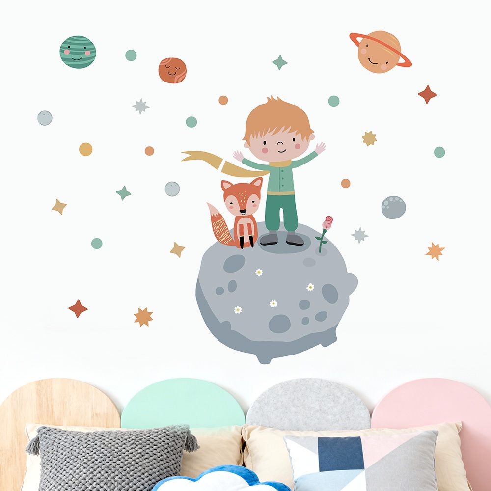 Decal Dán Tường Hoàng Tử Bé Và Con Cáo Ngoài Vũ Trụ Có Keo Sẵn 110x92cm - Trang Trí Phòng Cho Bé