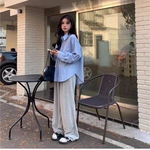 Áo sơ mi dài tay sọc dáng rộng oversize, phong cách Hàn Quốc, áo khoác nữ áo sơ mi dễ phối