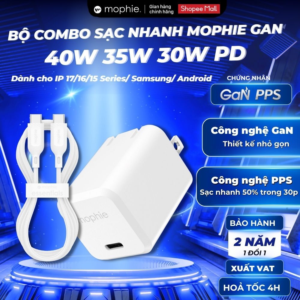 Combo Bộ Sạc Mophie 30W/40W GaN, Sạc nhanh PD , Hạn Chế Chai Pin, Nóng Máy, Chính Hãng, BH 2 Năm