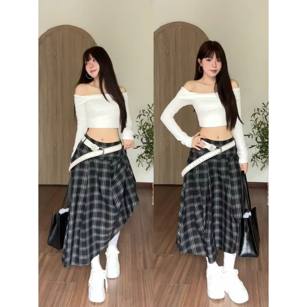 [BIGSIZE04] Chân váy caro dáng dài BIGSIZE NIKI vạt chéo, chân váy cá tính phong cách streetwear | Khao Boutique
