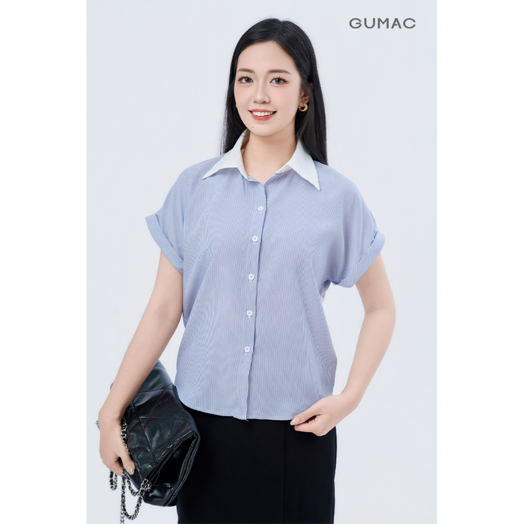 Áo Sơ Mi Nữ Tay Ngắn GUMAC Form Suông Cơ Bản Chất Cotton Sọc Mềm Mịn Thoáng Mát LAF0322