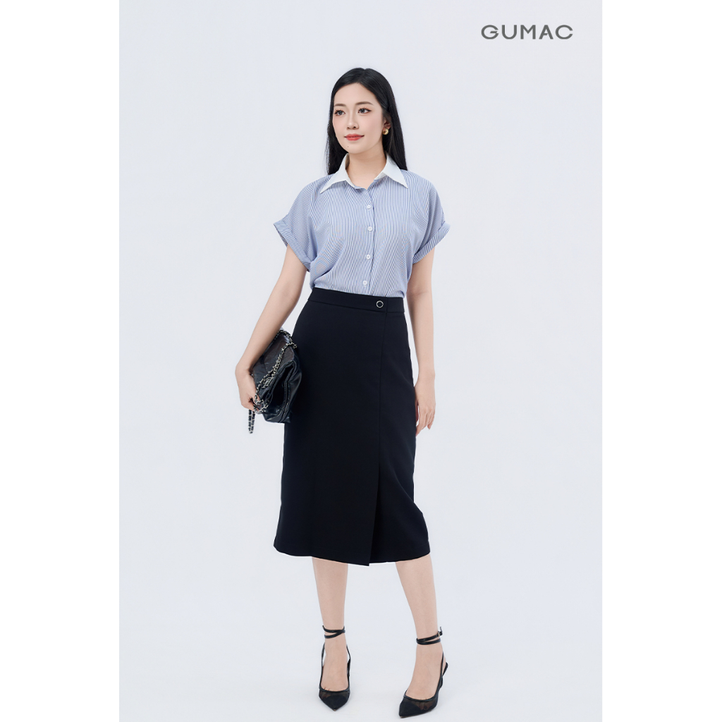 Áo Sơ Mi Nữ Tay Ngắn GUMAC Form Suông Cơ Bản Chất Cotton Sọc Mềm Mịn Thoáng Mát LAF0322