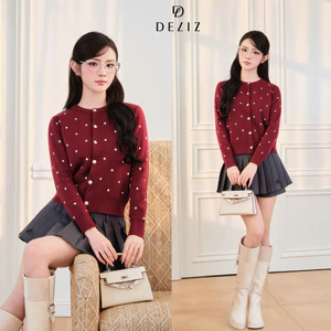 DELIZ - Áo khoác len cổ tròn dài tay chấm bi phối cúc basic cho nữ BST thu đông CD109