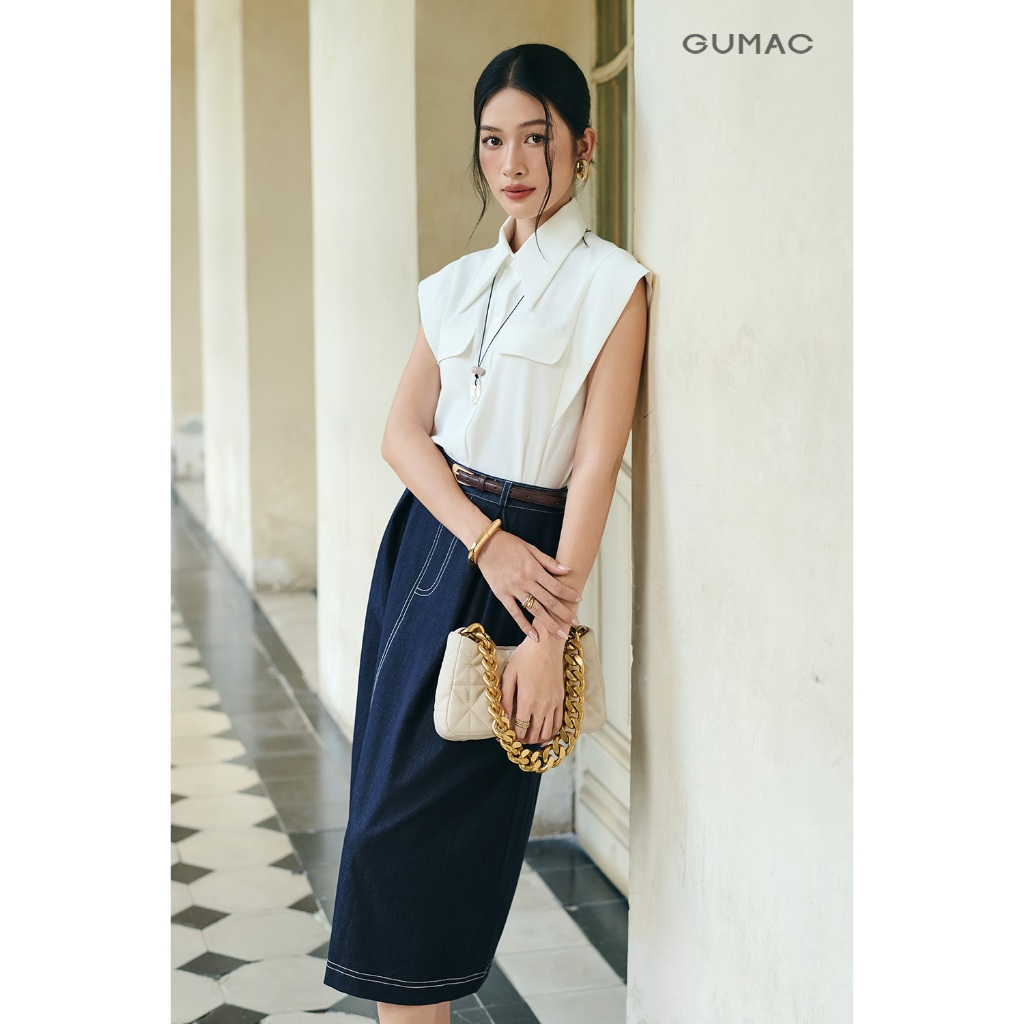 Áo sơ mi nữ GUMAC form suông phối nẹp vai có nắp túi giả  AF10035
