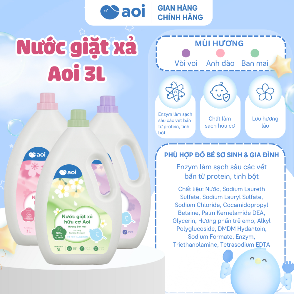 Nước Giặt Xả Hữu Cơ Aoi 3L Cho Bé | Dịu Nhẹ Da – Sạch Sâu – Hương Tự Nhiên | 100% Enzyme Tự Nhiên