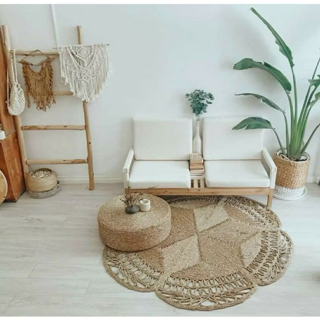 Thảm cói trải sàn đan thủ công loại 1 dùng decor trang trí homestay, quán , nhà cửab