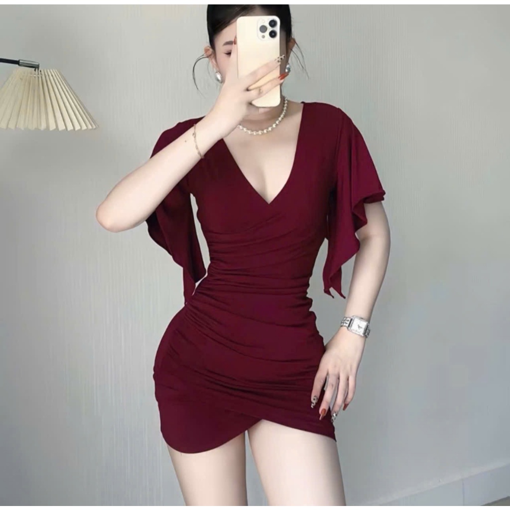 Đầm Body Nữ Cổ V Dáng Ngắn, Váy Nữ Thiết Kế Nhún Eo Cách Tiên Phong Cách Nhè Nhàng