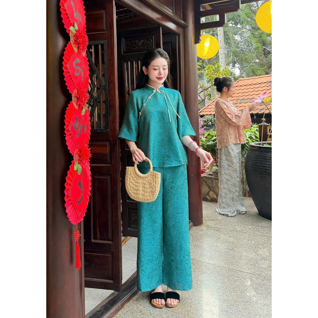 Pháp Phục Đi Chùa Tằm Dệt Ánh Nhũ, Khuy Chuông Chéo