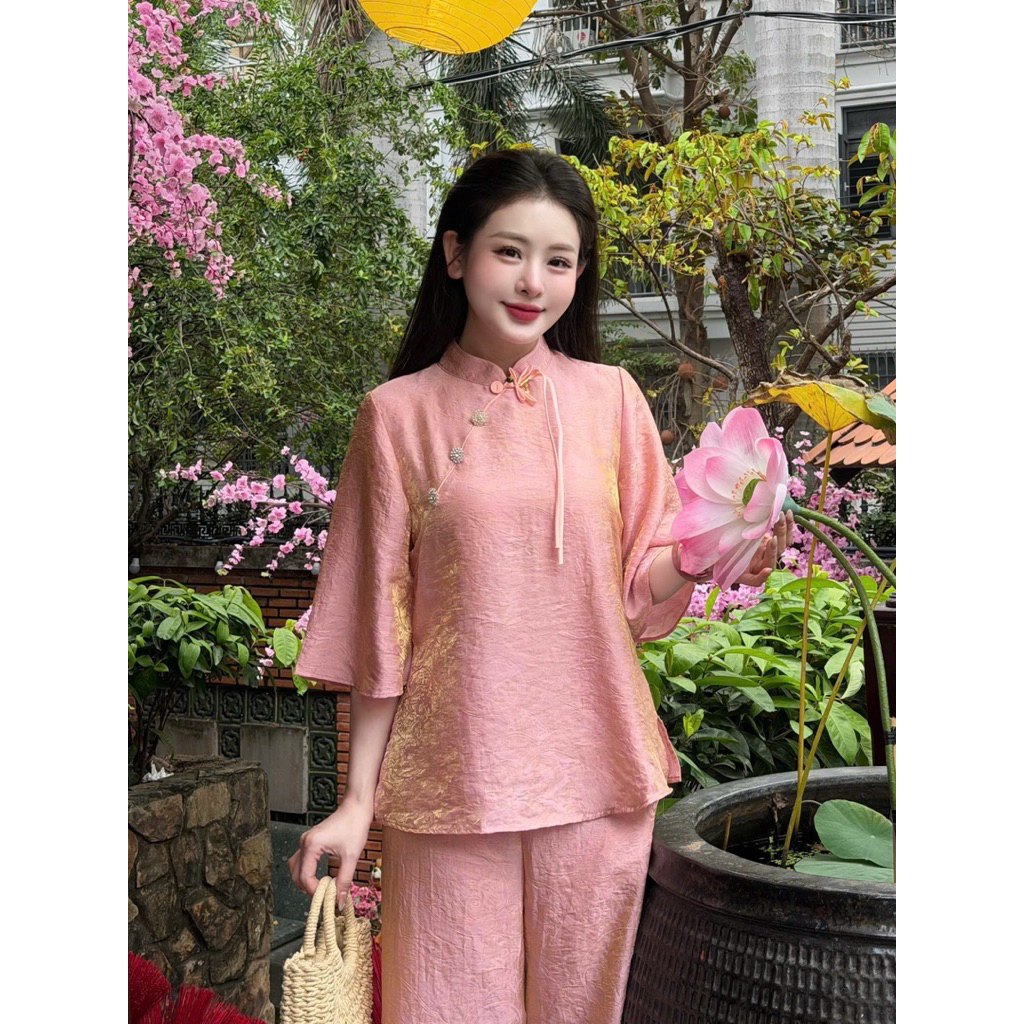 Pháp Phục Đi Chùa Tằm Dệt Ánh Nhũ, Khuy Chuông Chéo