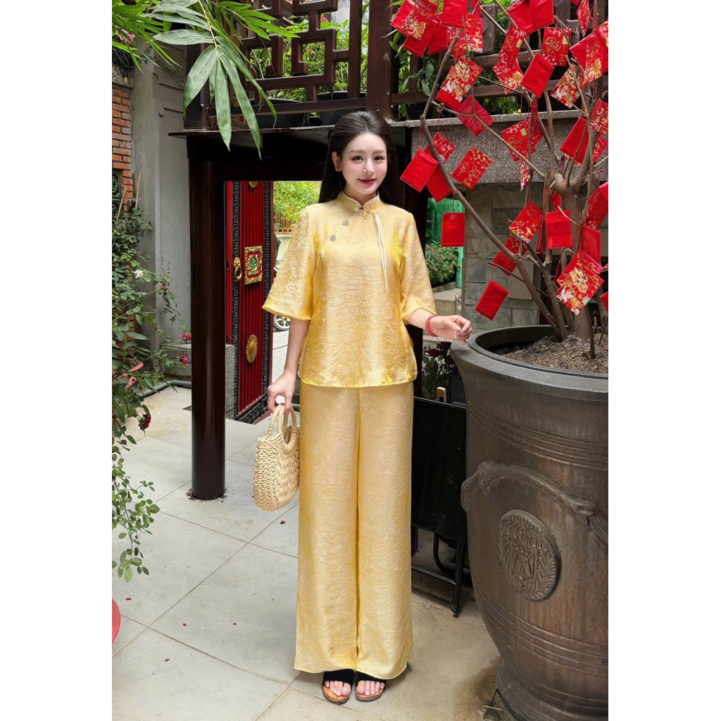Pháp Phục Đi Chùa Tằm Dệt Ánh Nhũ, Khuy Chuông Chéo