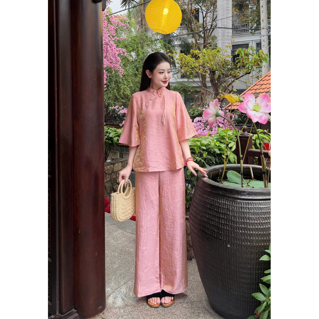 Pháp Phục Đi Chùa Tằm Dệt Ánh Nhũ, Khuy Chuông Chéo