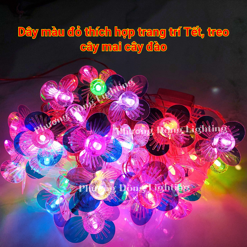 Dây đèn LED Chớp 12m - 36 bóng kiểu Hoa Bi Dây Đỏ Có Phích cắm nối tiếp Trang trí Lễ Tết treo Cây Mai Cây Đào