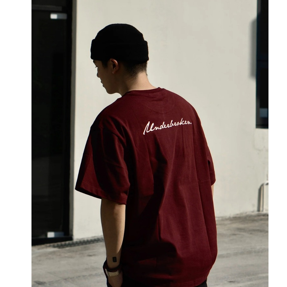 Áo Thun Nam Cotton Đỏ Đô KENMINECLUB Dáng Rộng Thêu Chữ Vàng Đồng Basic