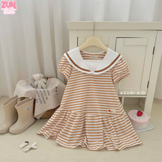 Đầm Thun Bé Gái Love Sailor Cổ Thủy Thủ AZD546 - Đầm Sọc Ngang Cotton Co Giãn