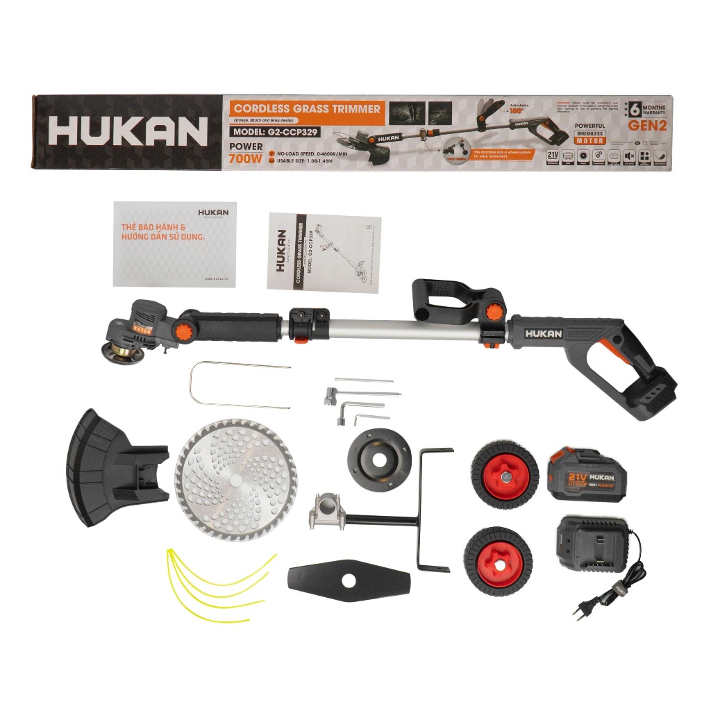 Máy Cắt Cỏ Pin 21V HUKAN Gen2 G2-CCP329 | 700W | Động Cơ Không Chổi Than | Lưỡi 9 Inch | Kèm Phụ Kiện