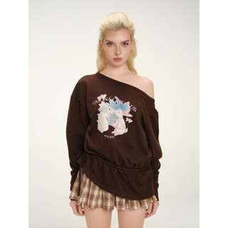 Áo Sweater trễ vai MONÁ form rộng phối thắt eo in thỏ - BROWNIE