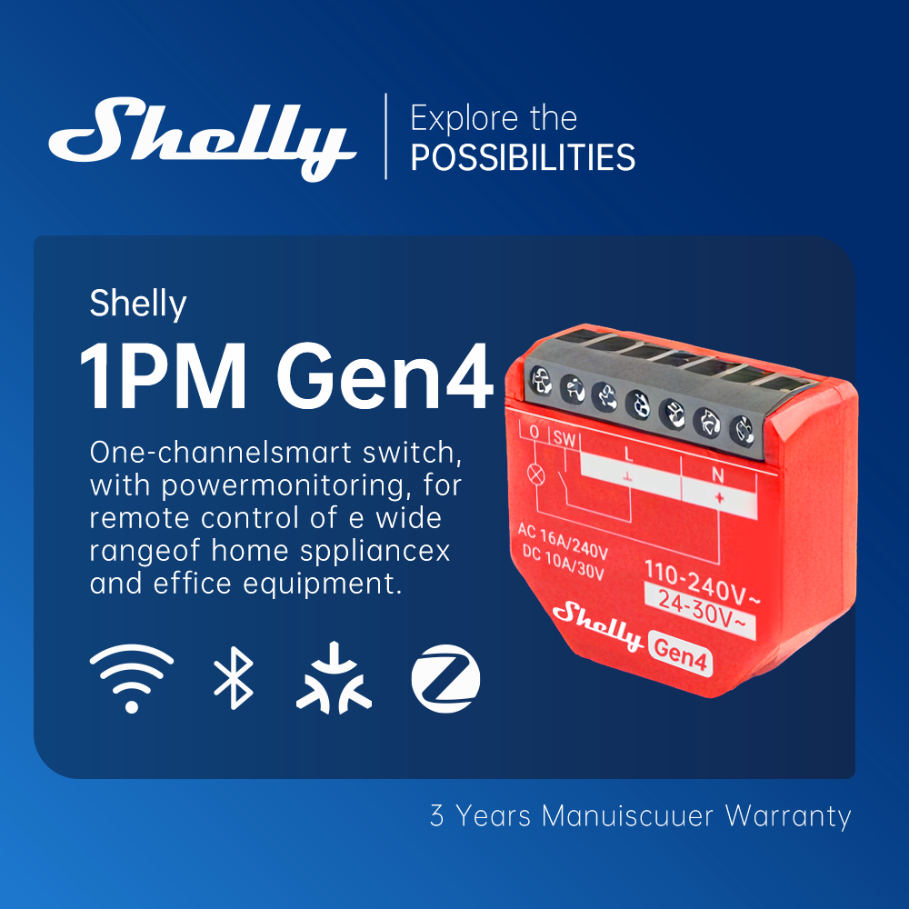 Shelly 1PM Gen4 Công tắc thông minh Zigbee Matter Wi-Fi có chức năng giám sát năng lượng, hỗ trợ nhiều giao thức