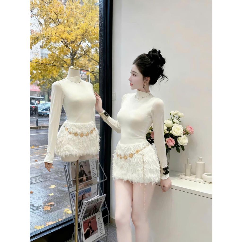 Set Áo Thun Body Cổ Cao Phối Chân Váy Lông Cạp Cao Dáng Ngắn Kèm Tag Sexy Nữ - CHAMIE STUDIO