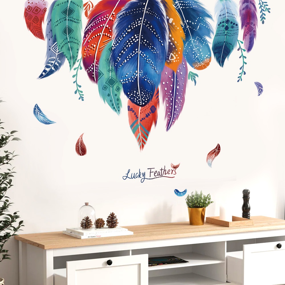 Decal Dán Tường Lông Vũ Lucky Feathers Có Keo Sẵn 110x98cm -  Trang Trí Phòng Khách Quán Cafe