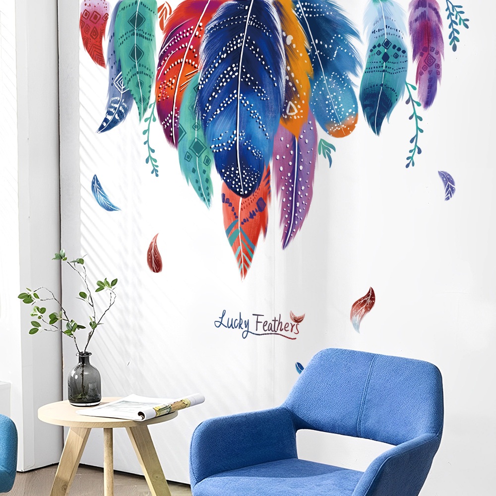 Decal Dán Tường Lông Vũ Lucky Feathers Có Keo Sẵn 110x98cm -  Trang Trí Phòng Khách Quán Cafe