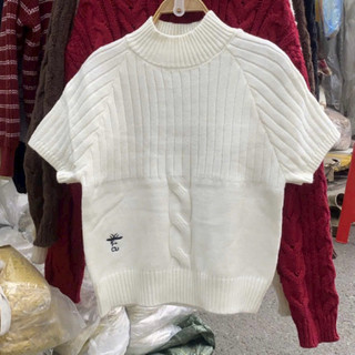 LT - Áo len nữ hình ong thêu gấu tay cộc cổ cao, len xoắn thừng free size 1533