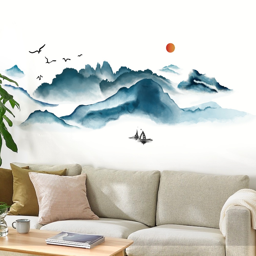 Decal Dán Tường Phong Cảnh Thủy Mặc Núi Non Có Keo Sẵn 160x58cm - Trang Trí Phòng Khách Phòng Trà