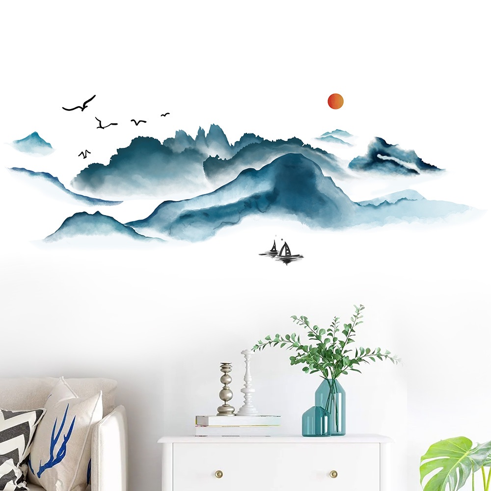 Decal Dán Tường Phong Cảnh Thủy Mặc Núi Non Có Keo Sẵn 160x58cm - Trang Trí Phòng Khách Phòng Trà