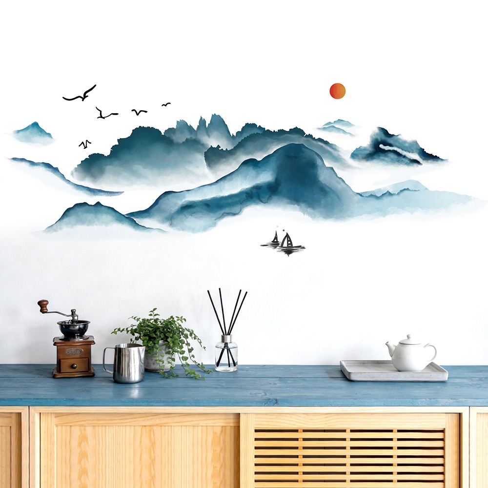 Decal Dán Tường Phong Cảnh Thủy Mặc Núi Non Có Keo Sẵn 160x58cm - Trang Trí Phòng Khách Phòng Trà