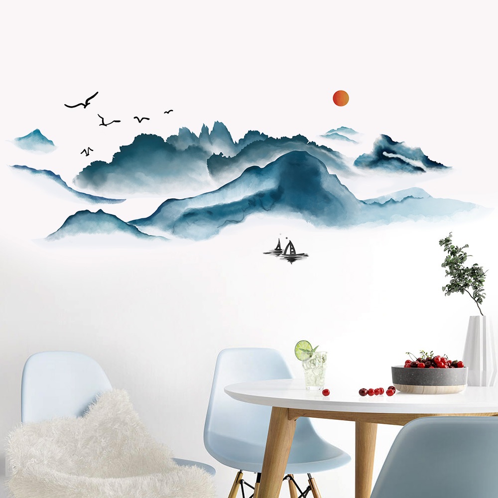 Decal Dán Tường Phong Cảnh Thủy Mặc Núi Non Có Keo Sẵn 160x58cm - Trang Trí Phòng Khách Phòng Trà