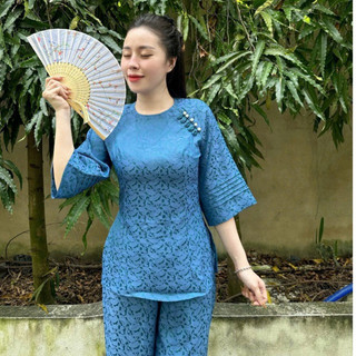 Gấm 2Da QuầnCùngMàu 5Nút Sò Vải Cao Cấp # Đồ Bộ Đi Chùa