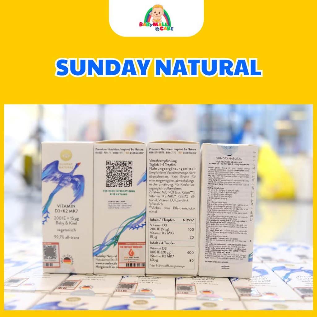 Thực Phẩm Bảo Vệ Sức Khoẻ Vitamin D3 + K2 MK7 200 IE + 15µg Sunday Natural, 300 giọt, 10ml