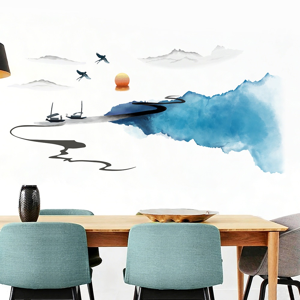 Decal Dán Tường Tranh Sơn Thủy Có Keo Sẵn 138x64cm - Phong Cách Núi Sông Trang Trí Phòng Khách