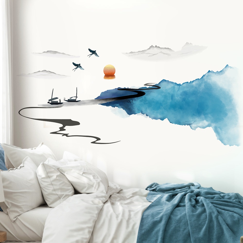 Decal Dán Tường Tranh Sơn Thủy Có Keo Sẵn 138x64cm - Phong Cách Núi Sông Trang Trí Phòng Khách