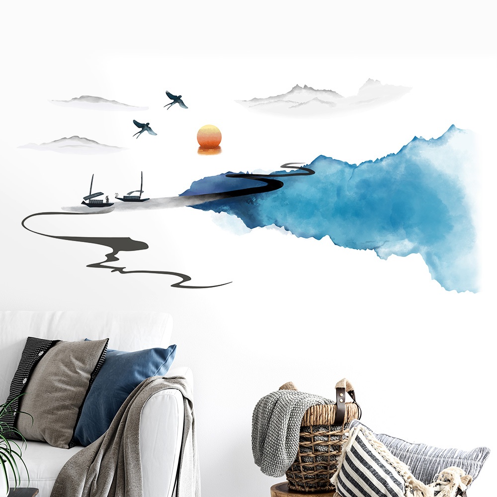 Decal Dán Tường Tranh Sơn Thủy Có Keo Sẵn 138x64cm - Phong Cách Núi Sông Trang Trí Phòng Khách