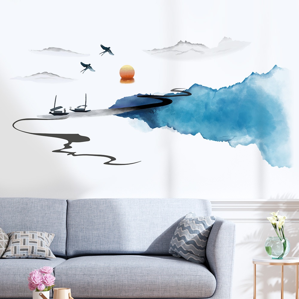 Decal Dán Tường Tranh Sơn Thủy Có Keo Sẵn 138x64cm - Phong Cách Núi Sông Trang Trí Phòng Khách