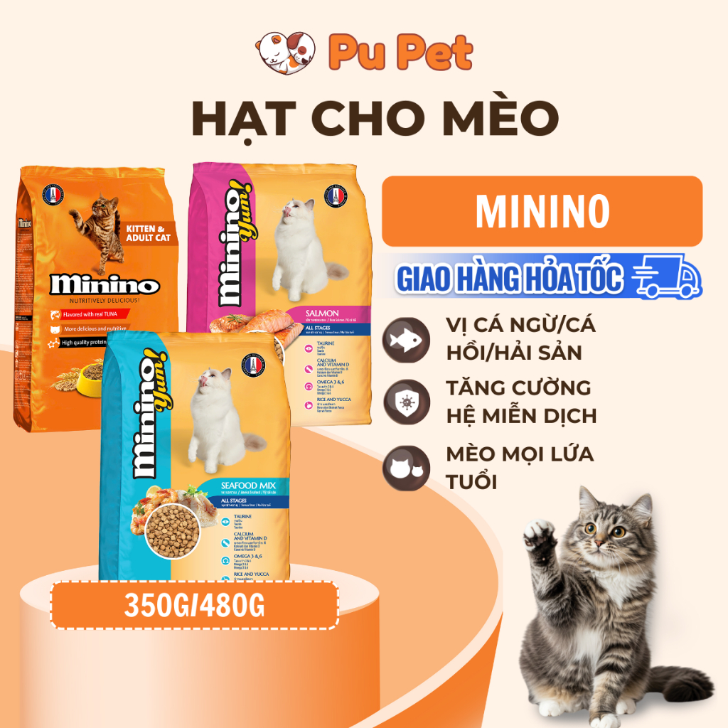 Thức Ăn Hạt Cho Mèo Minino Yum Vị Hải Sản/Cá Hồi/Cá Ngừ Gói Hỗ Trợ Tiêu Hóa Và Dưỡng Mượt Lông