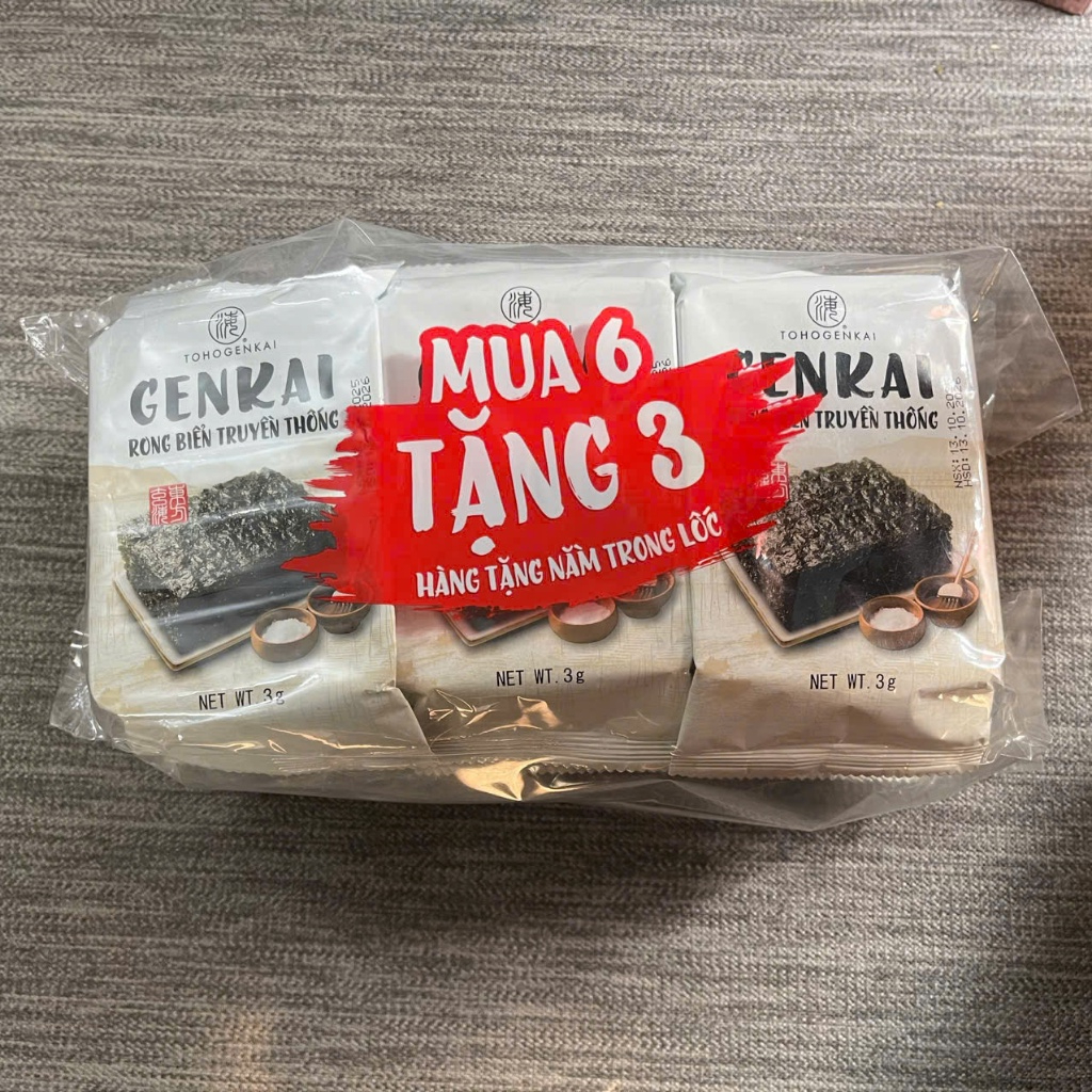 Date 24/9 Rong Biển Genkai Ăn Liền Truyền Thống  Lá Xanh, Snack Giòn Rụm Thơm Ngon, Mua 6 Tặng 3 Gói