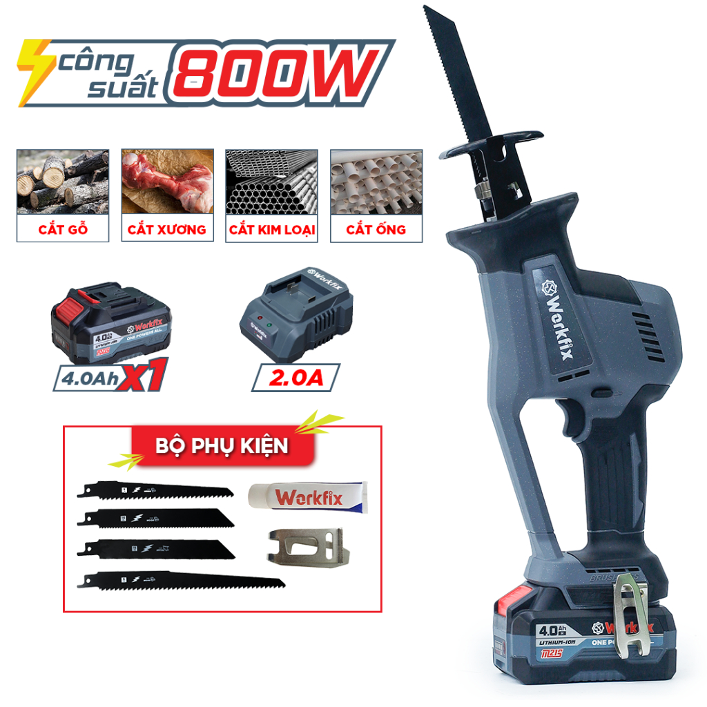 [Tặng 4 Lưỡi Cắt] Máy Cưa Kiếm WF-CK20BL Workfix, Chân Pin Phổ Thông, Chuyên Cưa Gỗ, Cắt, Tỉa,...