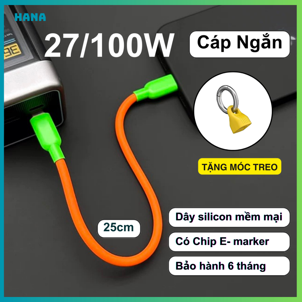 Dây cáp sạc nhanh type C ngắn 25cm - Dây mềm - công suất 27W/100W PD - Emarker - Bảo hành 6 tháng