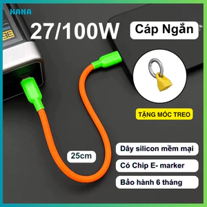 Dây cáp sạc nhanh type C ngắn 25cm - Dây mềm - công suất 27W/100W PD - Emarker - Bảo hành 6 tháng