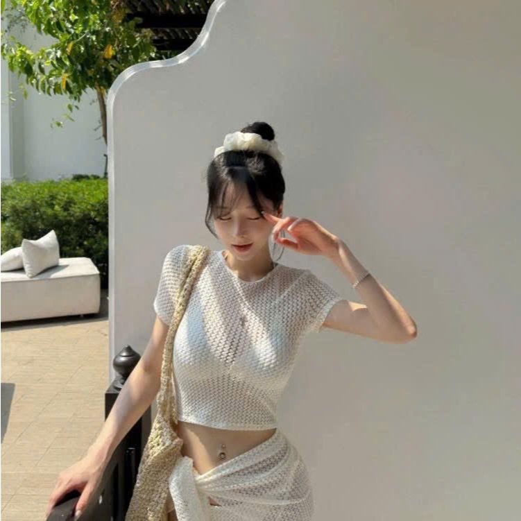 [BKN 1033] Set bikini đi biển 4 MÓN REN XỐP ,áo kèm khăn buộc,phong cách hàn quốc HAN.T SHOP