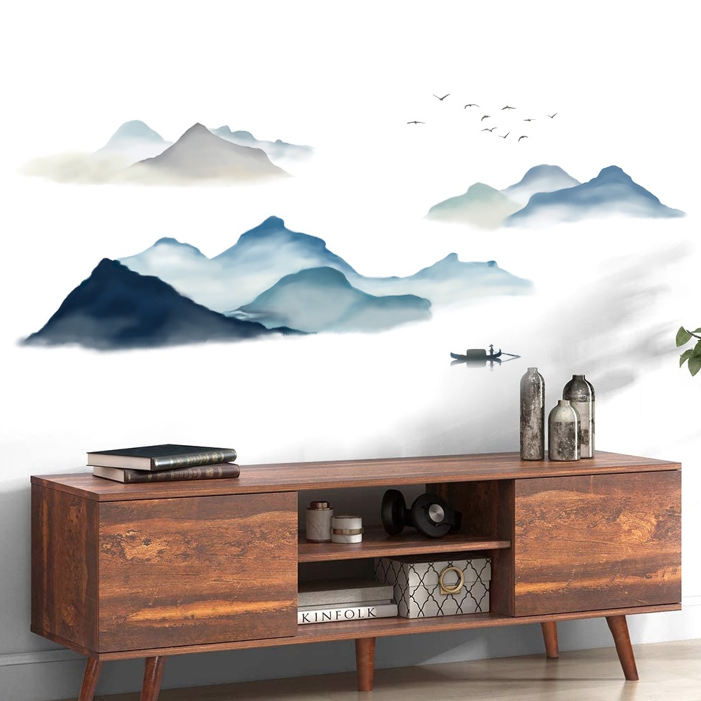 Decal Dán Tường Tranh Thủy Mặc Núi Non Có Keo Sẵn 162x60cm – Trang Trí Nhà Phong Cách Hiện Đại