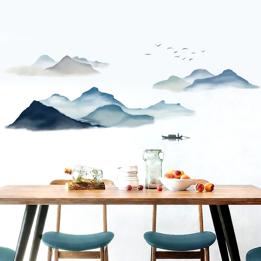 Decal Dán Tường Tranh Thủy Mặc Núi Non Có Keo Sẵn 162x60cm – Trang Trí Nhà Phong Cách Hiện Đại